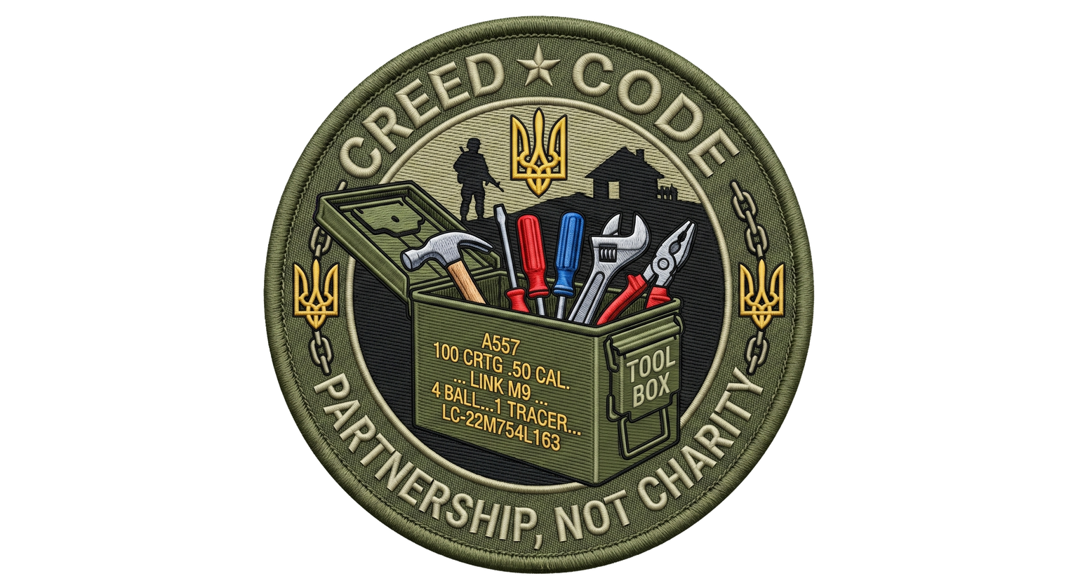 Creed Code emblem — toolbox made from an ammo can with the text Partnership, not charity