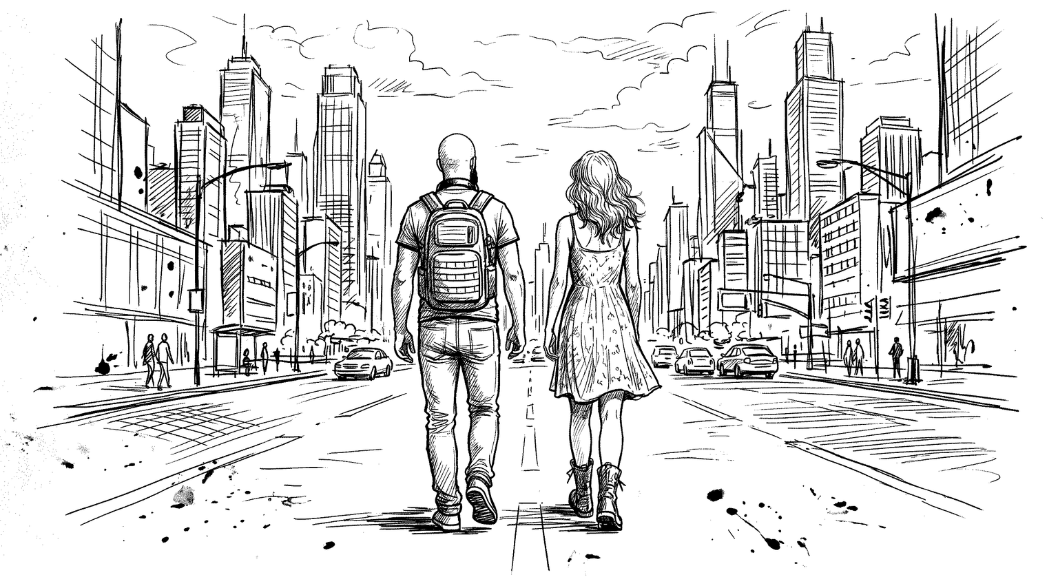 Illustration — partners walking toward the city skyline: trade, not aid