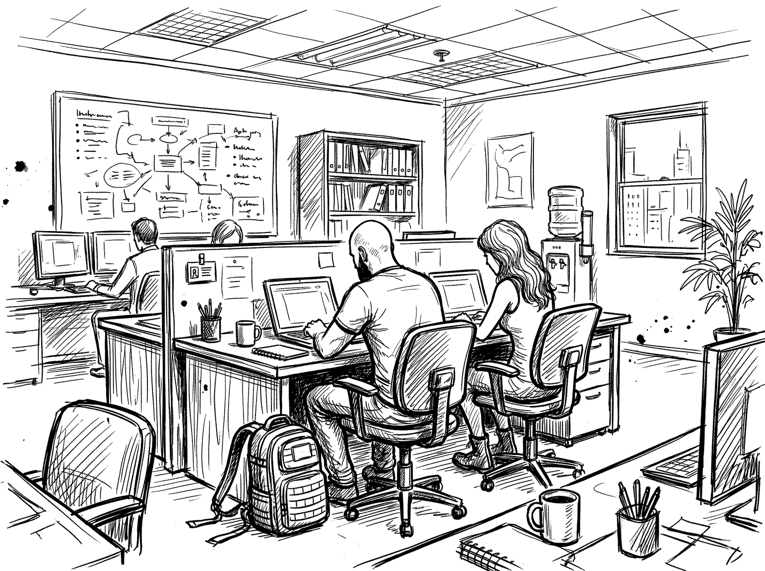 Illustration — office team at work with planning diagrams on a whiteboard